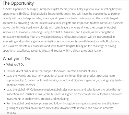 screenshot of a job description for a senior sales operations manager at adobe